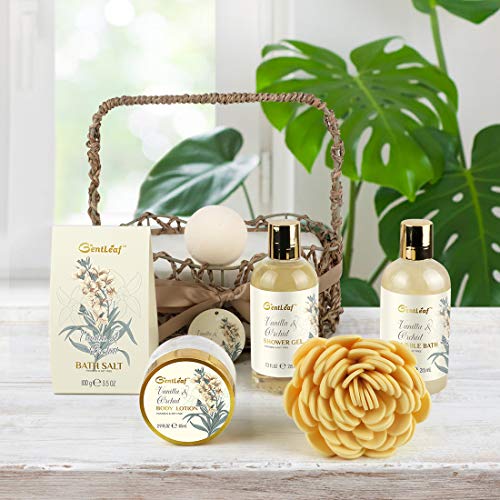 Bath & Body Gift Basket for Women, GentLeaf Spa Gift Set with Vanila Orchid Scent, Home Relaxation Spa Kit for Her 7 Pcs, Contains Bath Bomb, Bubble Bath, Body Lotion and More, Best Women Gift Idea - MyShoppingSpot