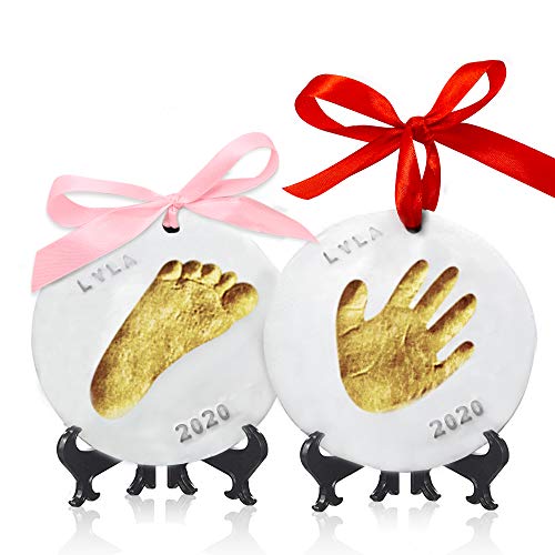Baby Handprint Footprint Keepsake Ornament Kit (Makes 2) - Bonus Stencil  for Personalized Christmas, Newborn, New Mom & Shower Gifts. 2 Easels!