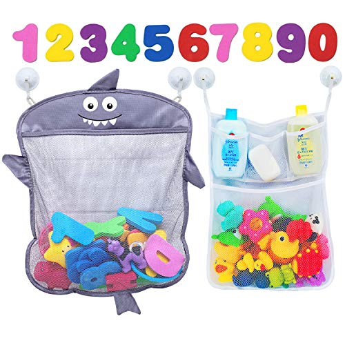 Baby Bath Toy Organizer - Shark (2 Bath Toy Storage Nets, 8 Toy Numbers & 10 Strong Hooks) – Great Bath Net for Kids – Cute Bathtub Toy Organizer and Bath/Shower Caddy Storage Solution