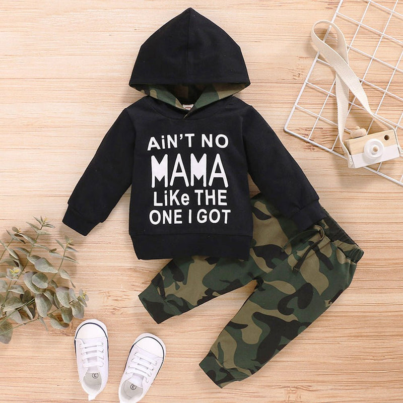 Toddler Baby Boy Outfit Ain't No Mama Like The One I Got Long Sleeve Hoodie And Pants 2pc set (Camouflage Gray, 0-24Months)